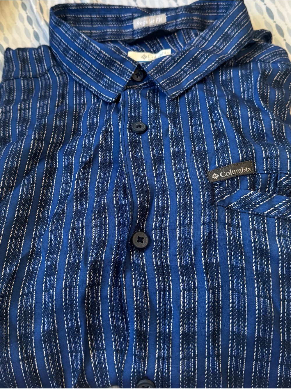 Columbia Men’s Navy and White Striped Button-Down Shirt